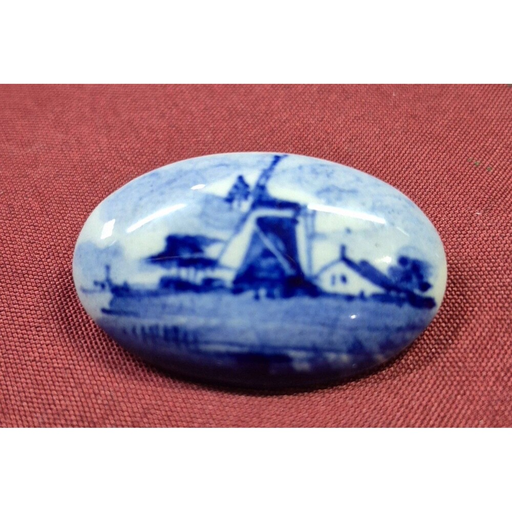 Vintage Blue White Porcelain Windmill Brooch Pin Delft Style Marked 1.25 X .75